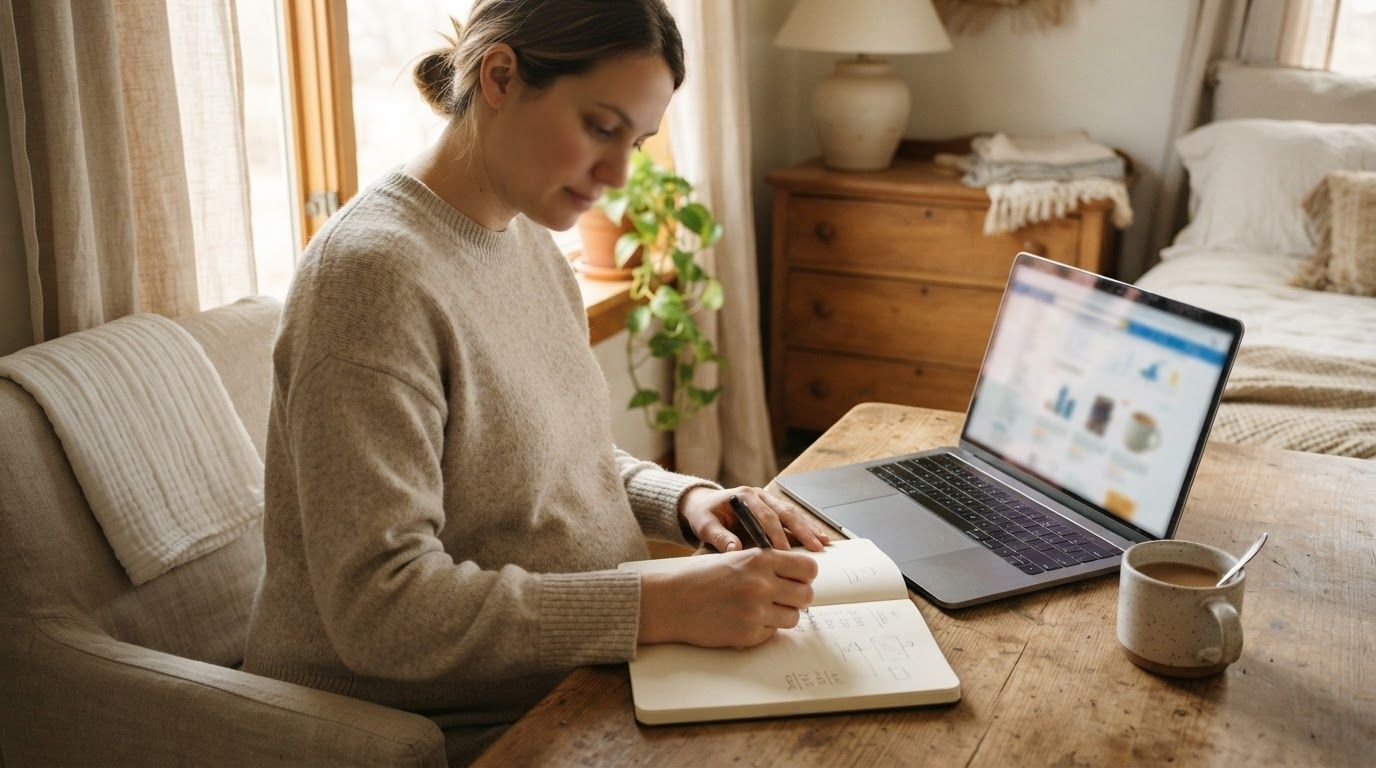 A parent adding up baby budget figures in a notebook beside a laptop on a wooden dresser in a sunlit bedroom