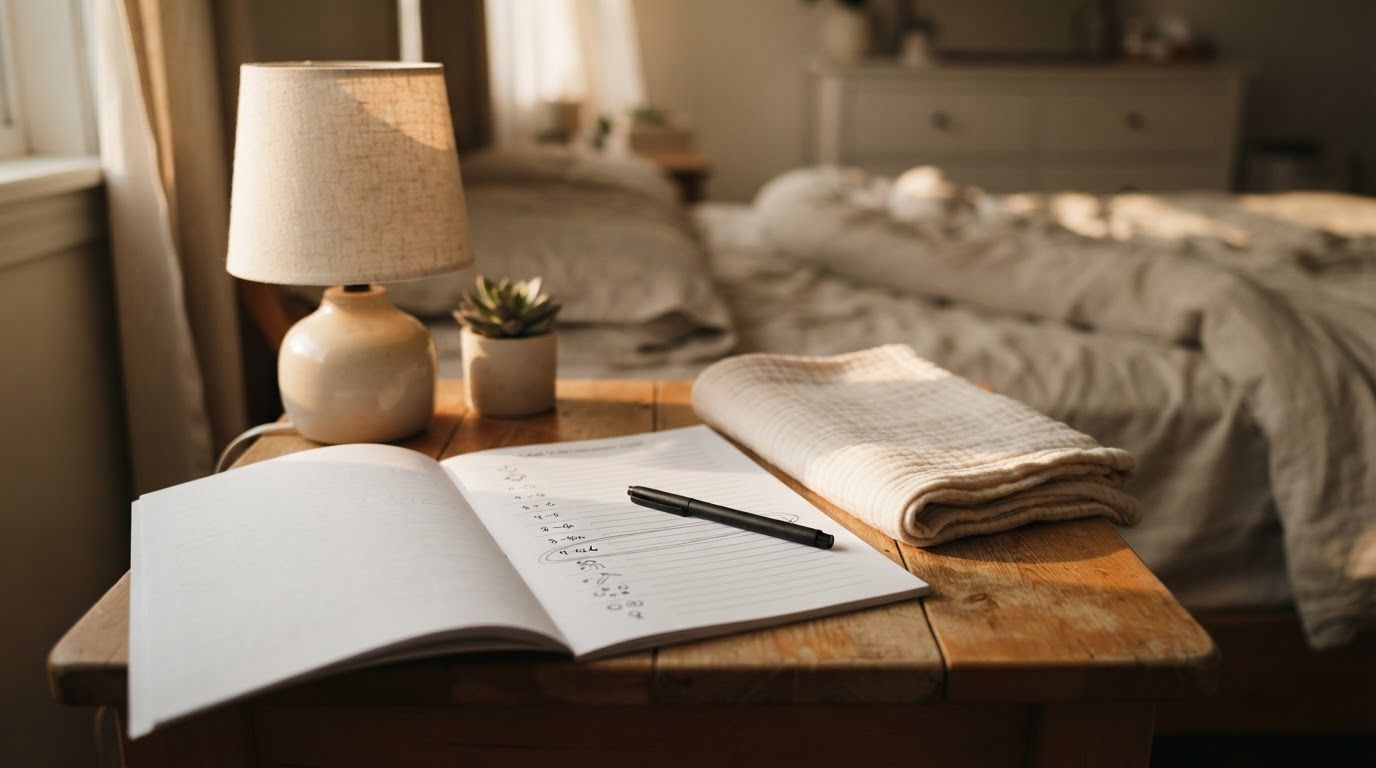 A printed infant milestone chart on a bedroom nightstand with the four-to-six month row circled in pen