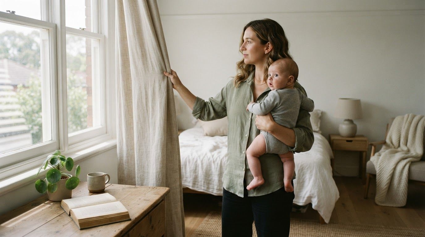 Parent holding an awake newborn upright by a bedroom window in soft morning daylight