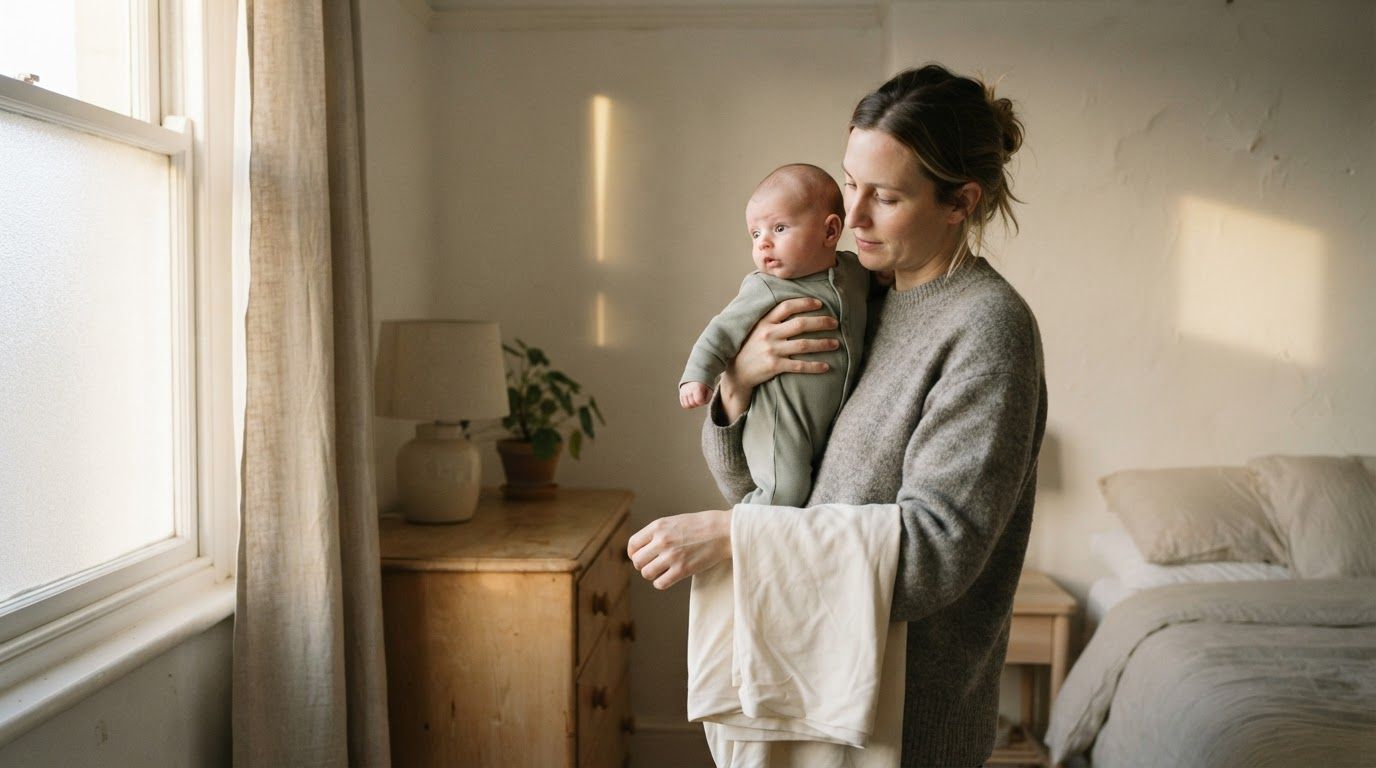 Parent holding an awake newborn upright at a bedroom window with a folded fitted sheet over one arm