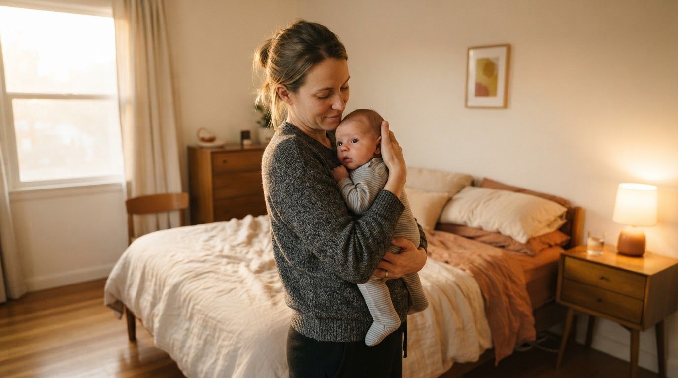 A mother standing beside her bed at dawn holding her awake newborn upright against her shoulder
