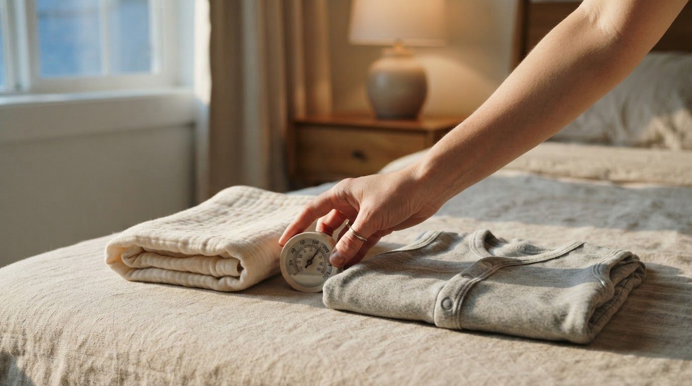 A folded muslin wrap and cotton sleep sack beside a small round room thermometer on linen