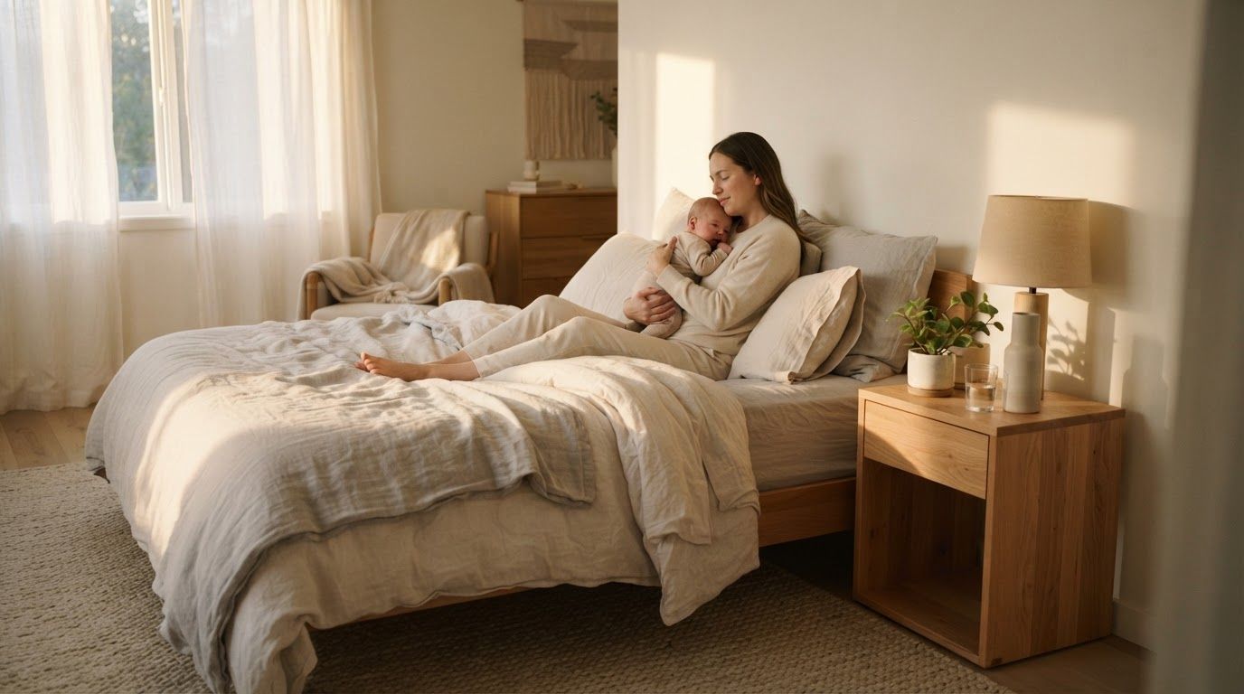 A calm parents' bedroom in morning light with a made bed, a beechwood nightstand and a small plant